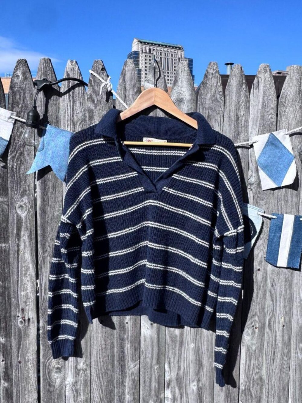Faherty Miramar Linen Polo Sweater 🌊 Navy Stripe Organic Cotton Knit L